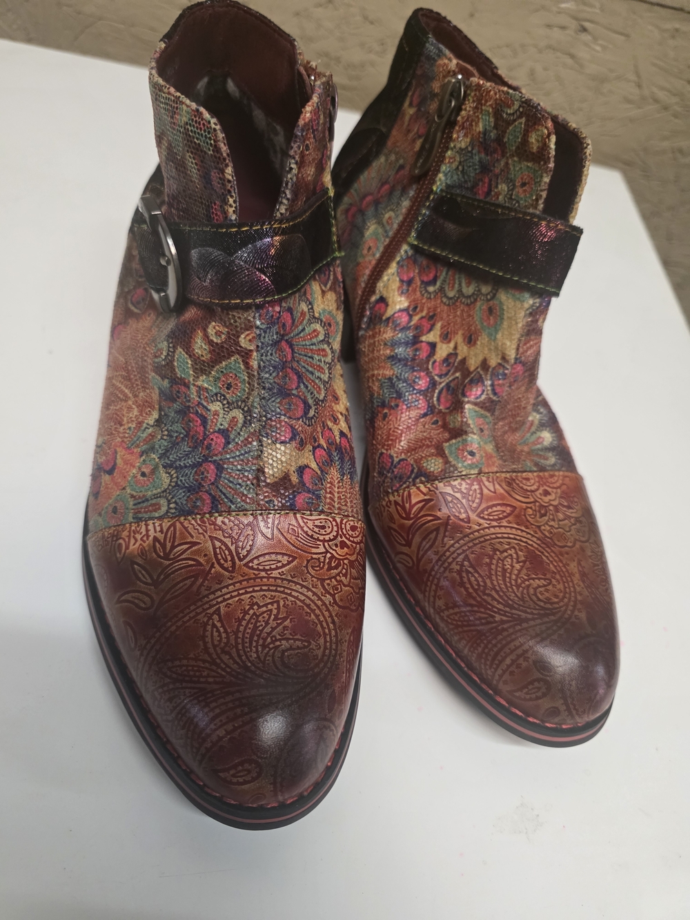 Multicolor Paisley Leather Cap-Toe Ankle Boots - Women
